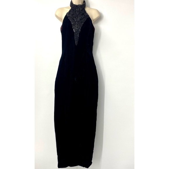 Vintage Jessica McClintock Gunne Sax velvet floor length sequin bib gown - Picture 1 of 10